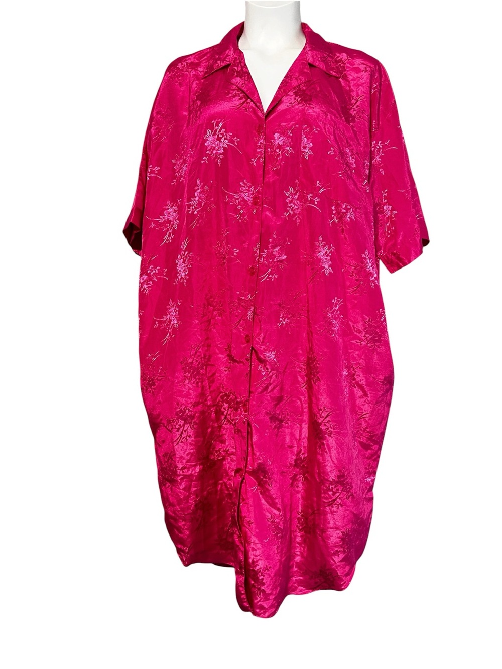 Vibrant Hot Pink Floral Satin Button-Front Nightshirt